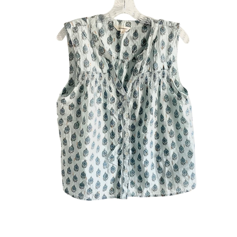 Lucky Brand Blue Floral Cotton Sleeveless Button Down Blouse Smocked Top Large